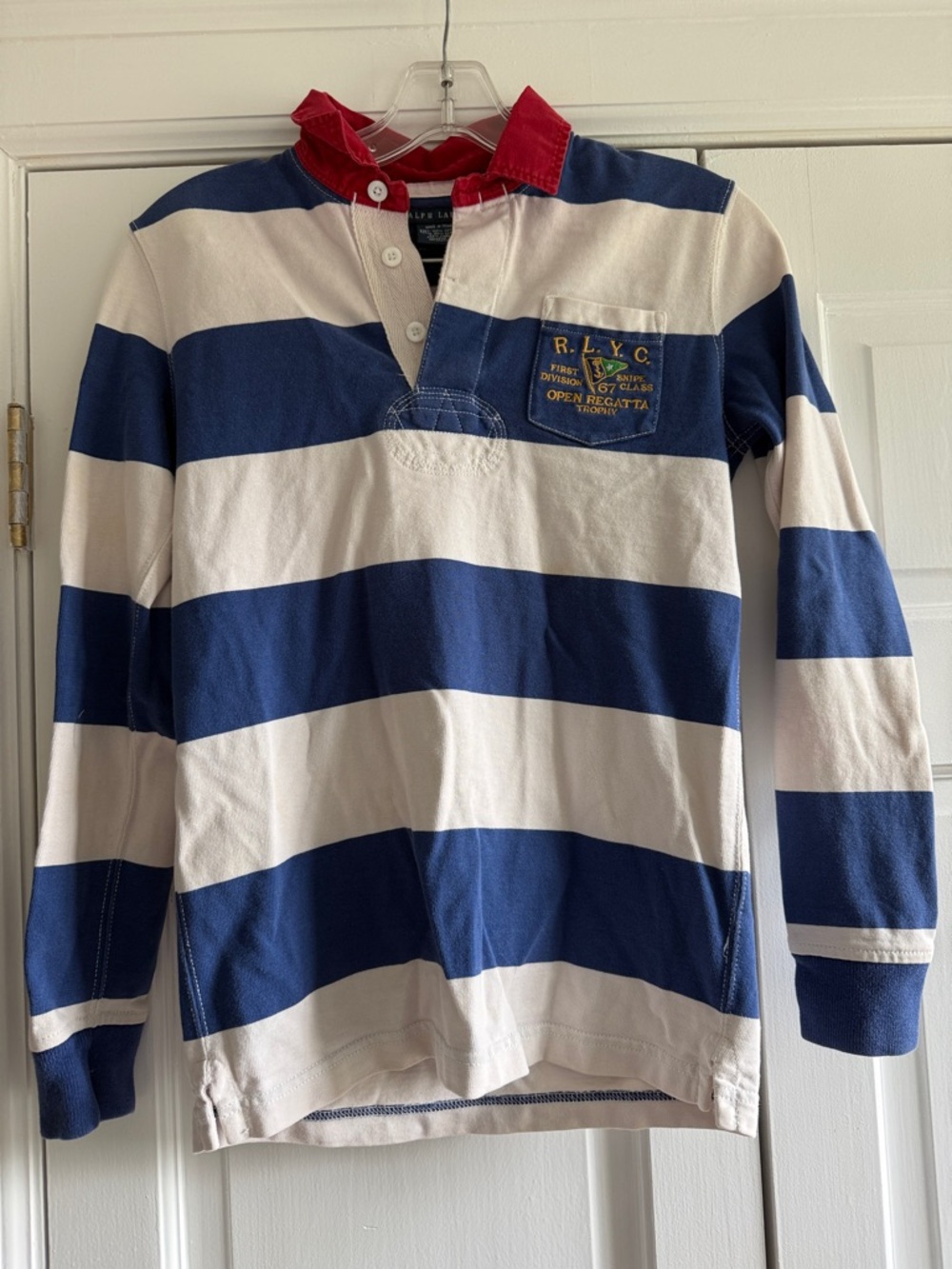 Vintage Ralph Lauren Blue & White Striped Rugby Shirt with Red Collar